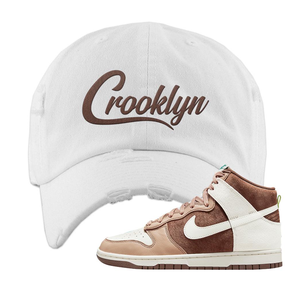 Light Chocolate High Dunks Distressed Dad Hat | Crooklyn, White