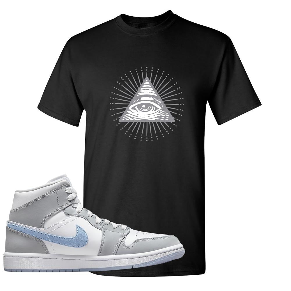 Air Jordan 1 Mid Grey Ice Blue T Shirt | All Seeing Eye, Black