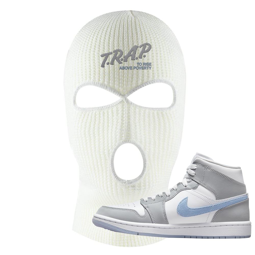 Air Jordan 1 Mid Grey Ice Blue Ski Mask | Trap To Rise Above Poverty, White