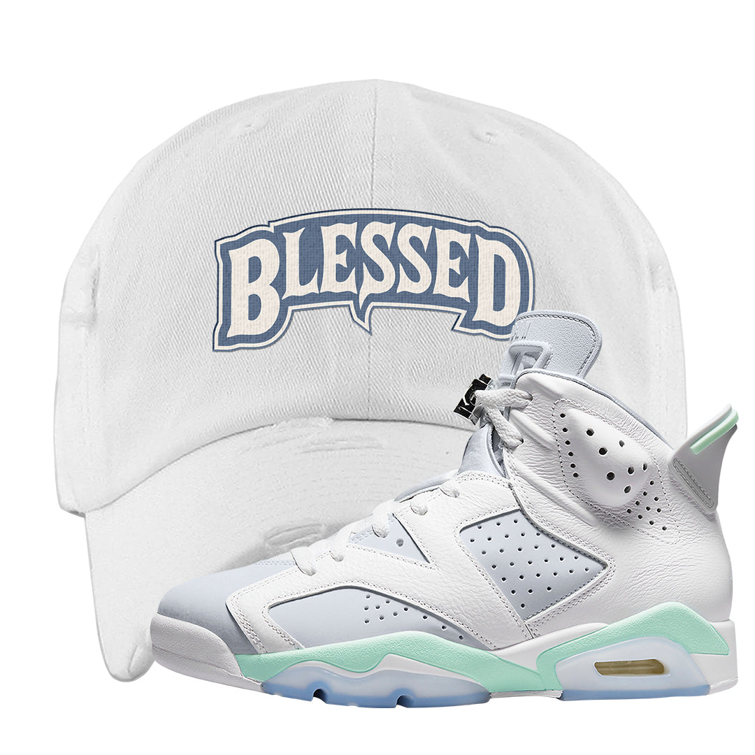 Mint Foam 6s Distressed Dad Hat | Blessed Arch, White