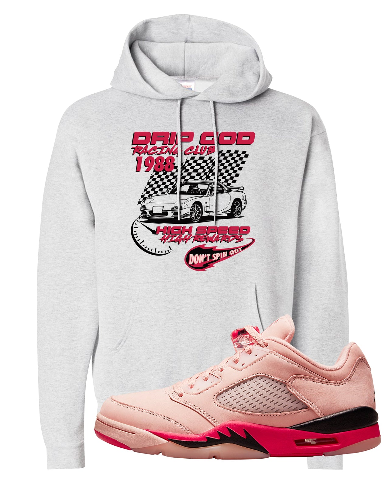 Arctic Pink Low 5s Hoodie | Drip God Racing Club, Ash