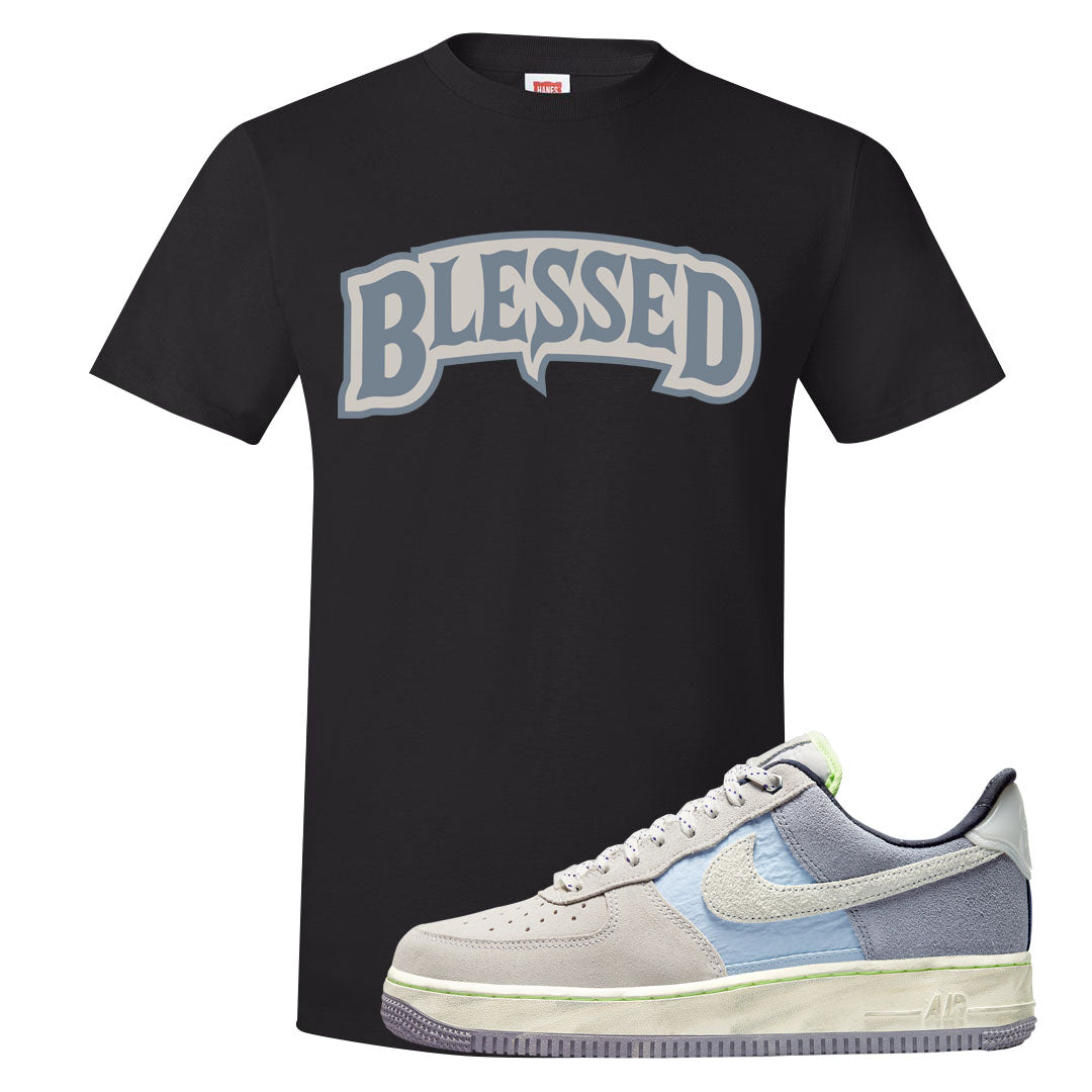 Womens Mountain White Blue AF 1s T Shirt | Blessed Arch, Black
