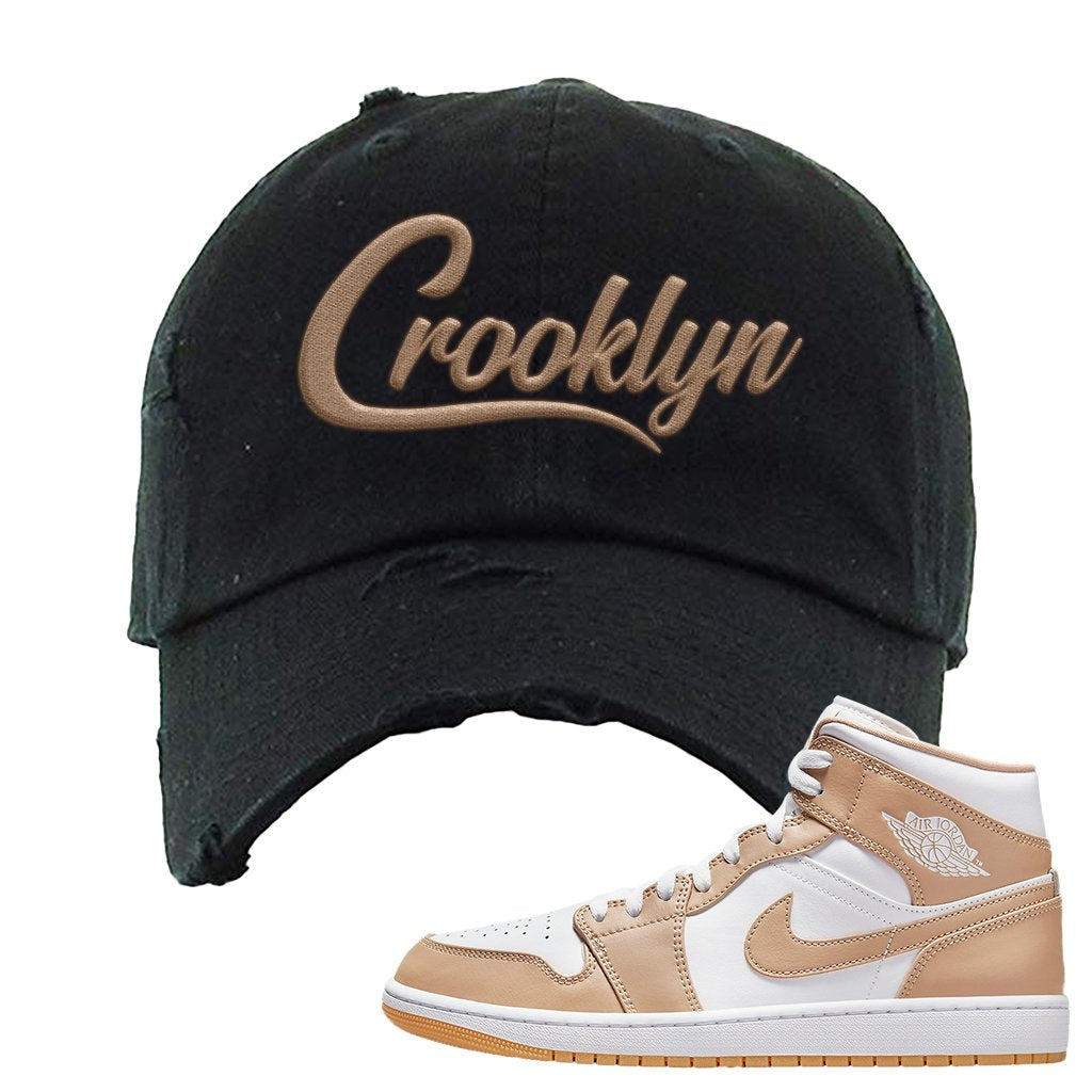 Air Jordan 1 Mid Tan Leather Distressed Dad Hat | Crooklyn, Black
