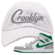 Light Smoke Pine Green Mid 1s Distressed Dad Hat | Crooklyn, White