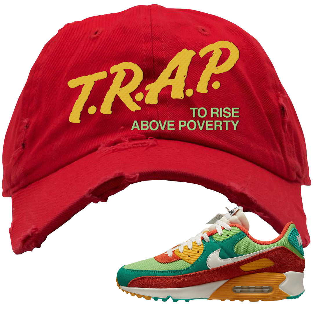 AMRC Green Orange SE 90s Distressed Dad Hat | Trap To Rise Above Poverty, Red