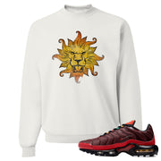 Printed on the front of the air max plus sunburst sneaker matching white crewneck sweatshirt is the vintage lion head logo