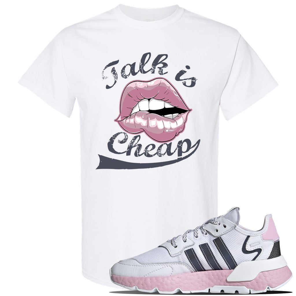 WMNS Nite Jogger Pink Boost Sneaker White T Shirt | Tees to match Adidas WMNS Nite Jogger Pink Boost Shoes | Talk Is Cheap