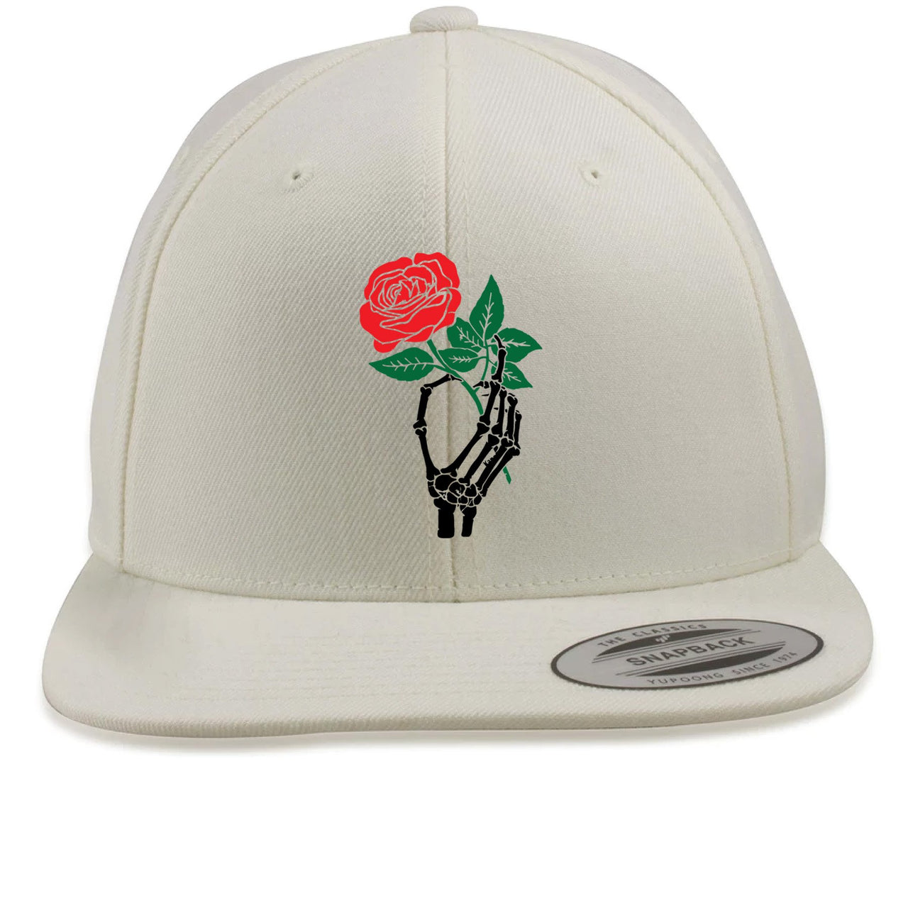 Bone White 500s Snapback Hat | Skeleton Hand Rose, White