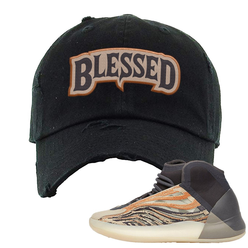 Yeezy Quantum Flash Orange Distressed Dad Hat | Blessed Arch, Black