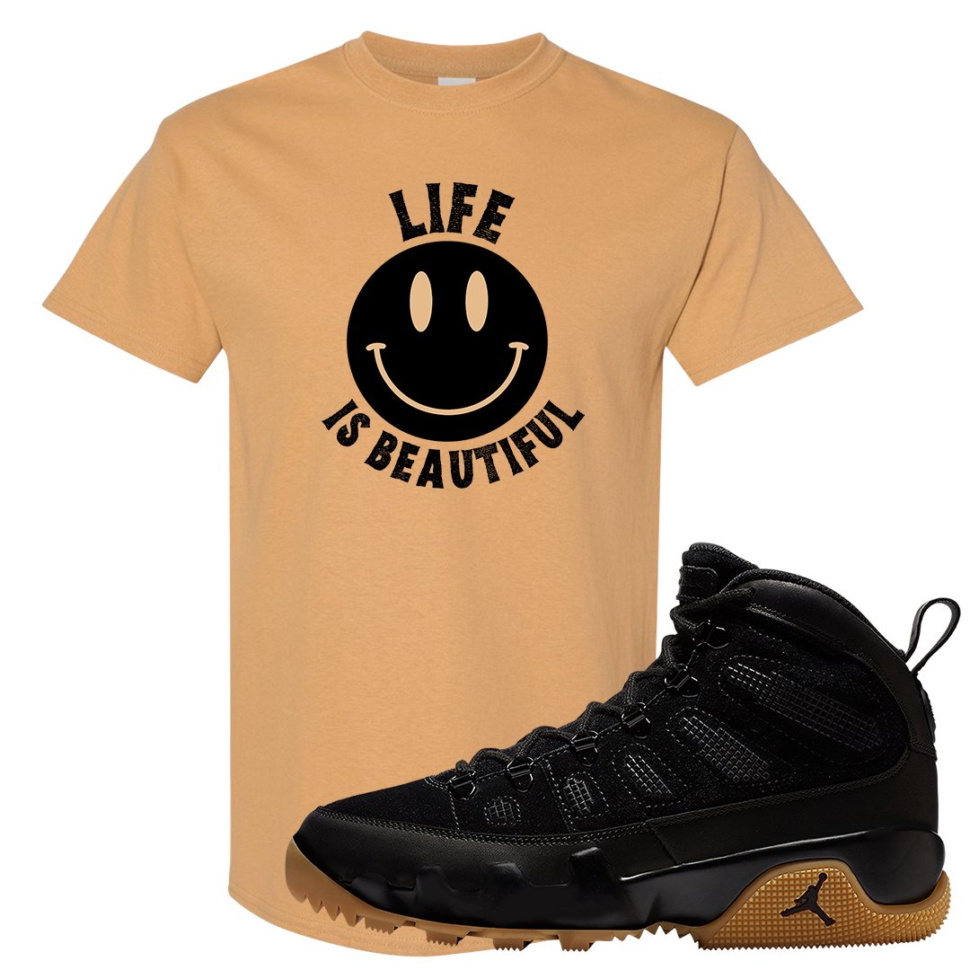 NRG Black Gum Boot 9s T Shirt | Smile Life Is Beautiful, Old Gold