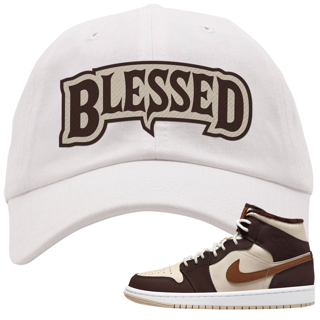 Brown Fleece Mid 1s Dad Hat | Blessed Arch, White