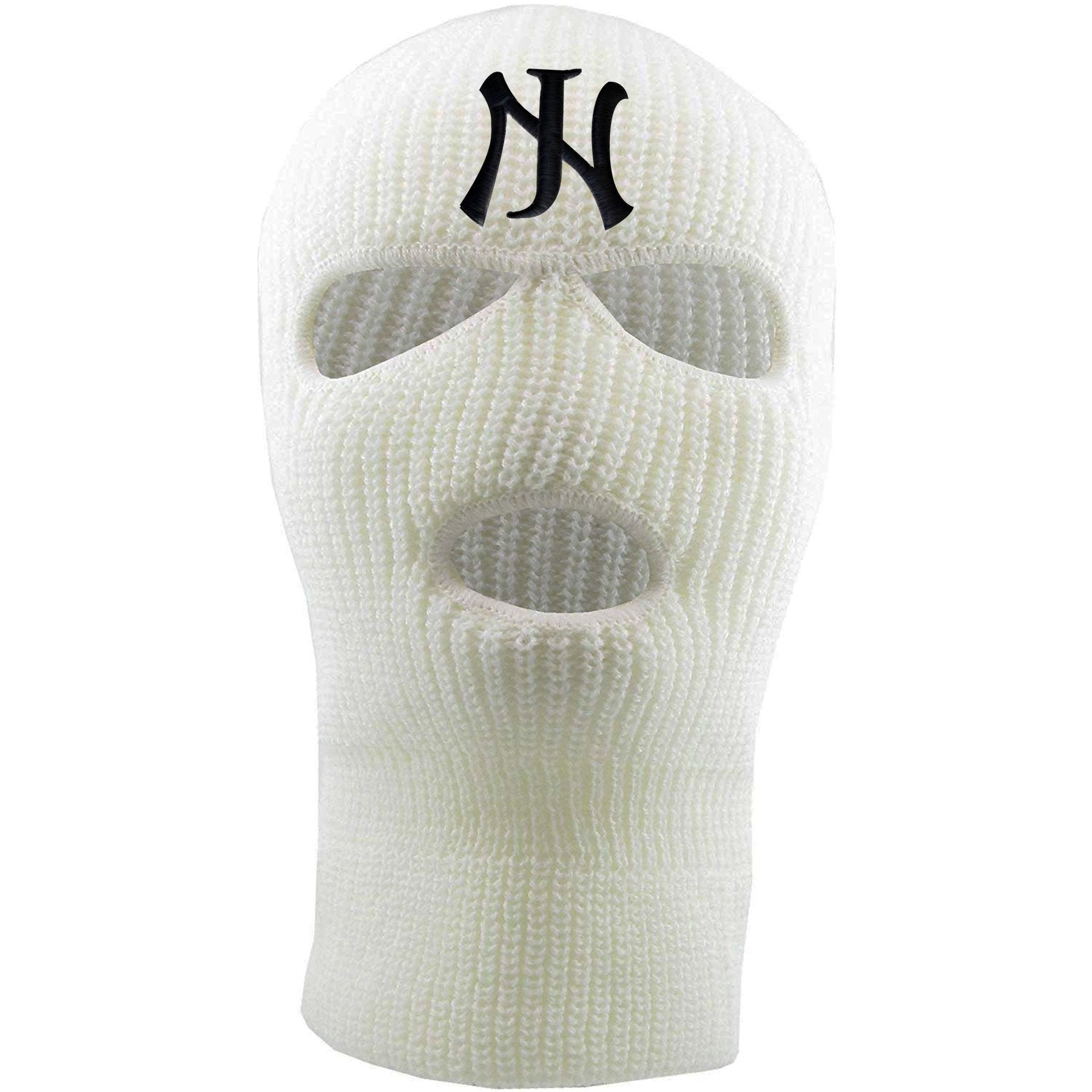 Embroidered on the forehead of the white new jersey ski mask is the NJ logo