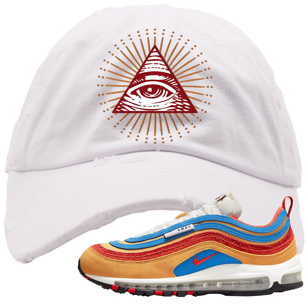 Tan AMRC 97s Distressed Dad Hat | All Seeing Eye, White