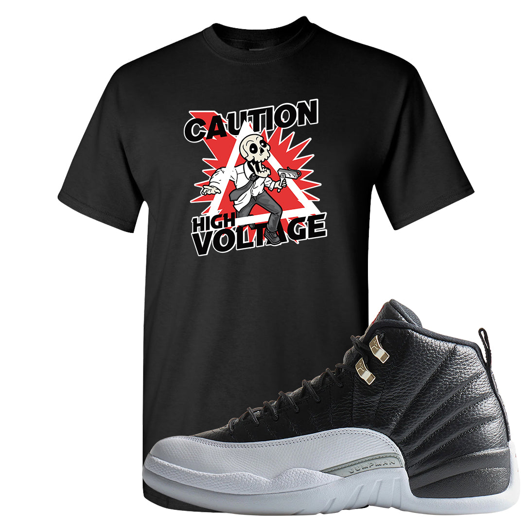 Playoff 12s T Shirt | Caution High Voltage, Black