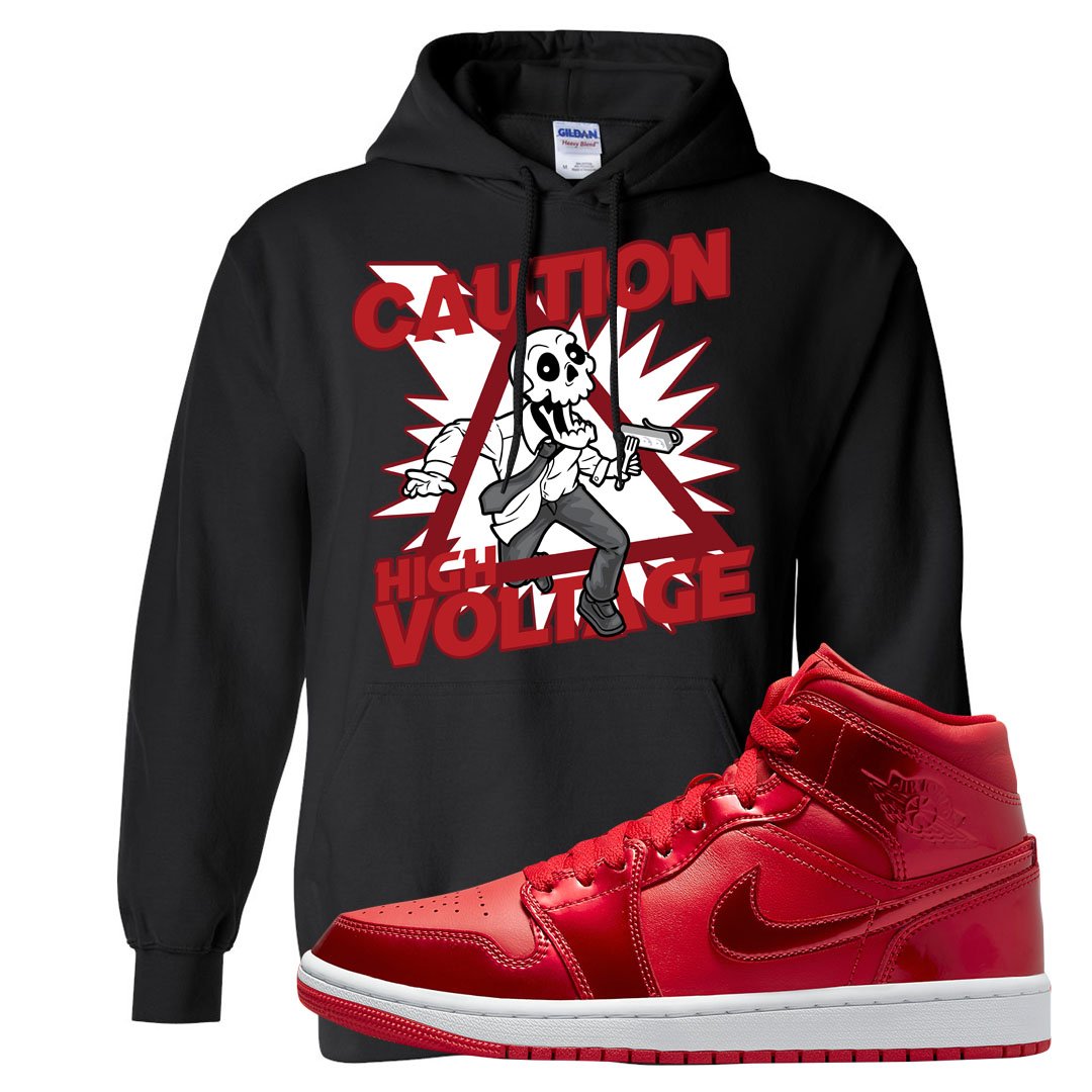 University Red Pomegranate Mid 1s Hoodie | Caution High Voltage, Black