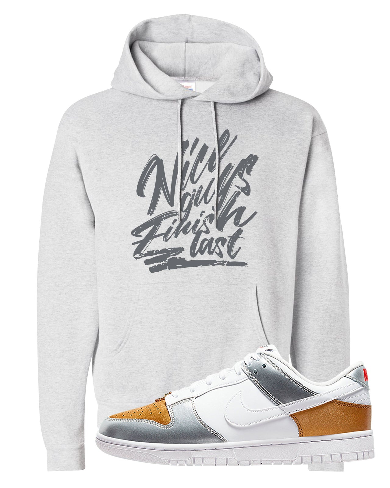 Gold Silver Red Low Dunks Hoodie | Nice Guys Finish Last, Ash