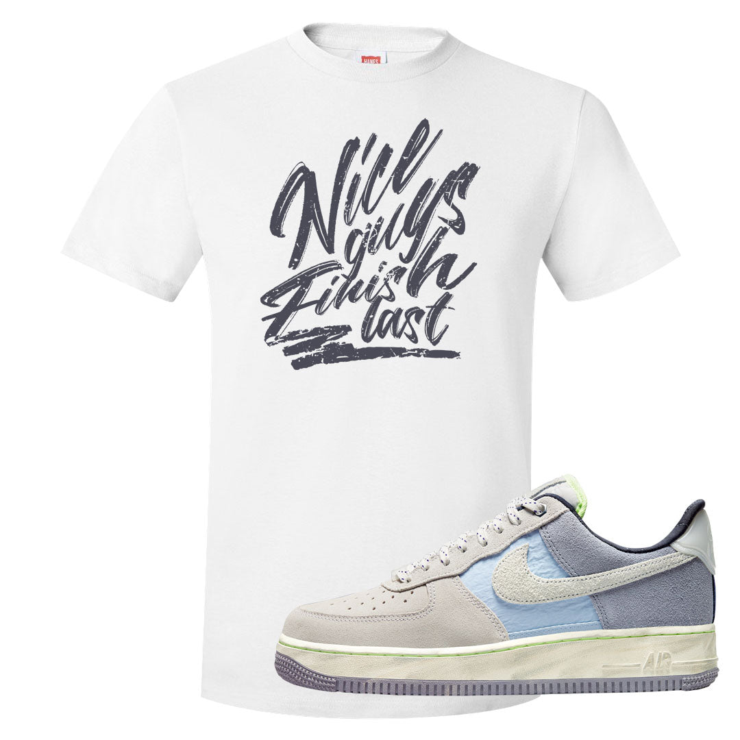 Womens Mountain White Blue AF 1s T Shirt | Nice Guys Finish Last, White