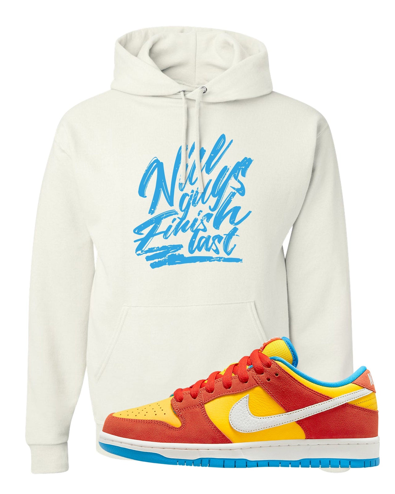 Habanero Red Gold Blue Low Dunks Hoodie | Nice Guys Finish Last, White