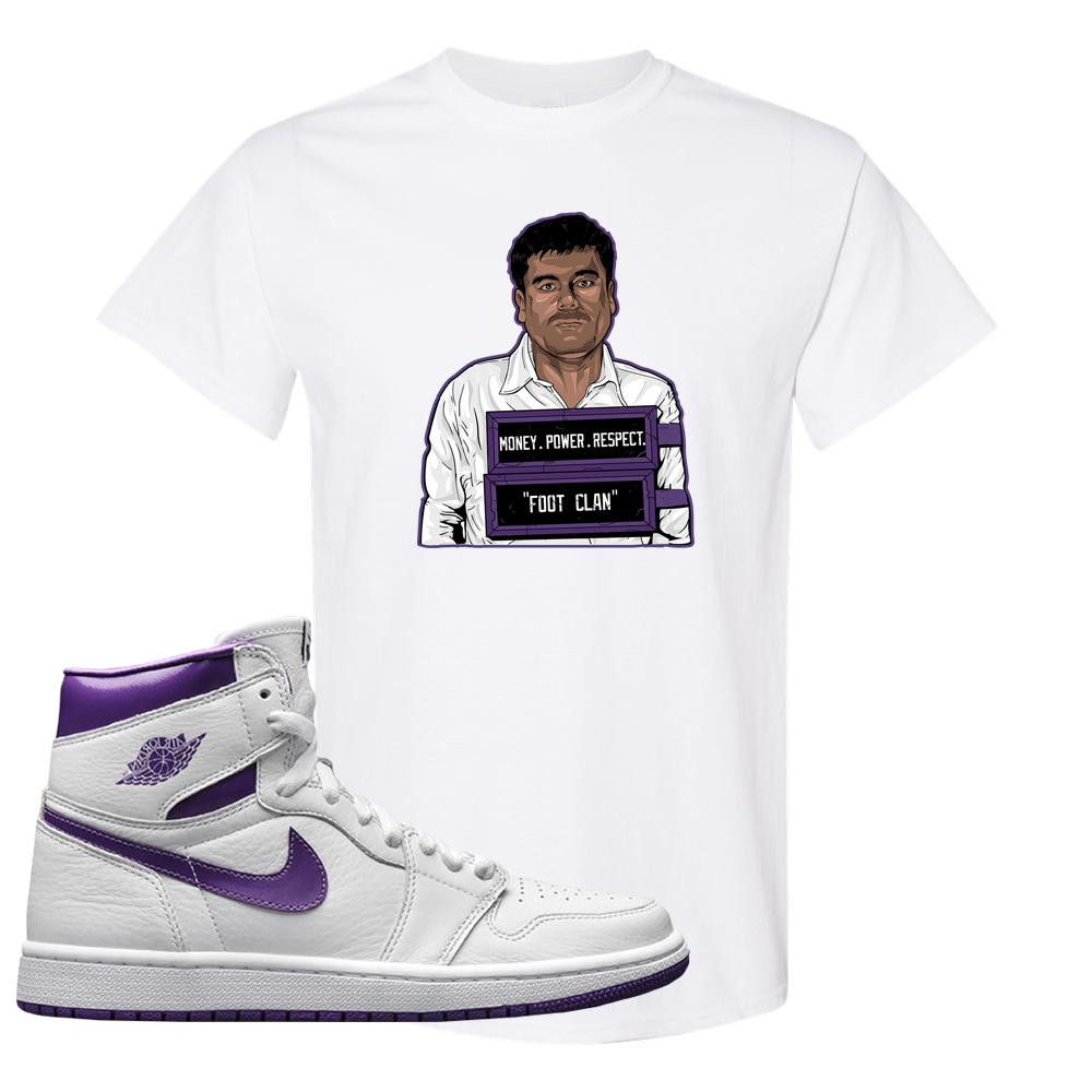 Air Jordan 1 Metallic Purple T Shirt | El Chapo Illustration, White