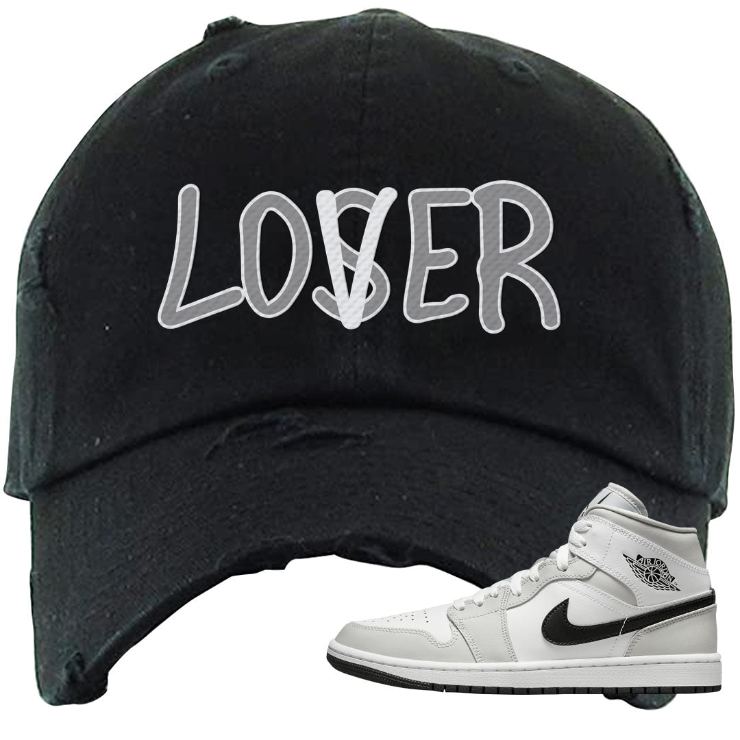 Light Smoke Grey Mid 1s Distressed Dad Hat | Lover, Black