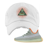 Yeezy 350 V2 Desert Sage Sneaker Distressed Dad Hat | All Seeing Eye | White