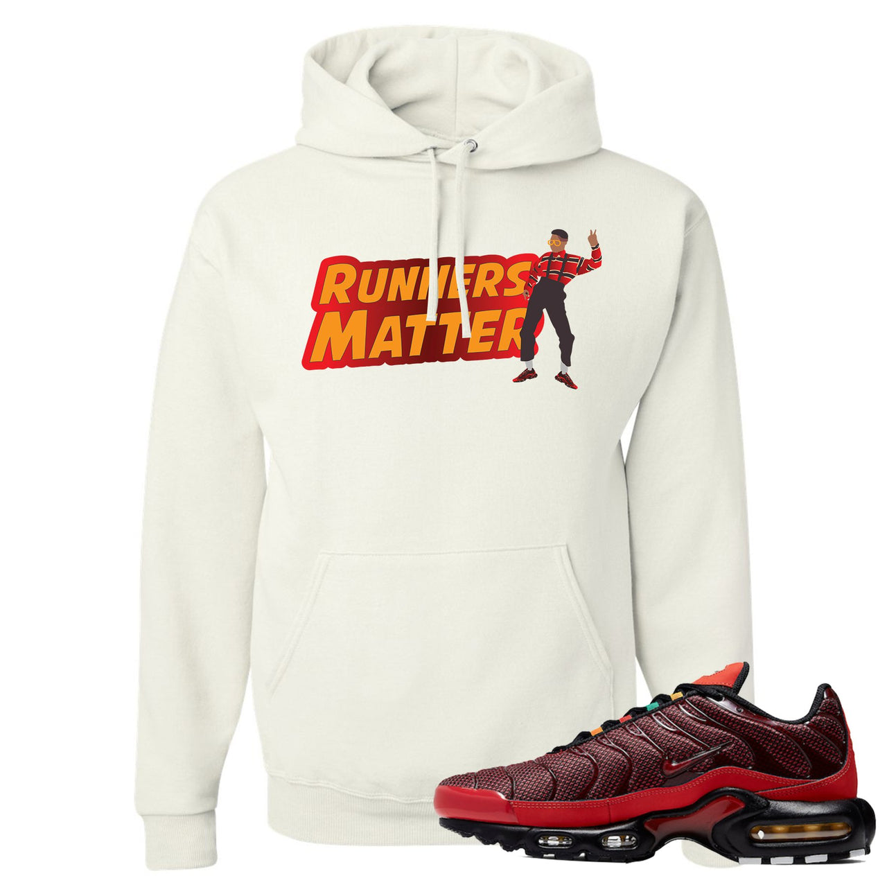 printed on the front of the air max plus sunburst sneaker matching white pullover hoodie is the runners matter logo