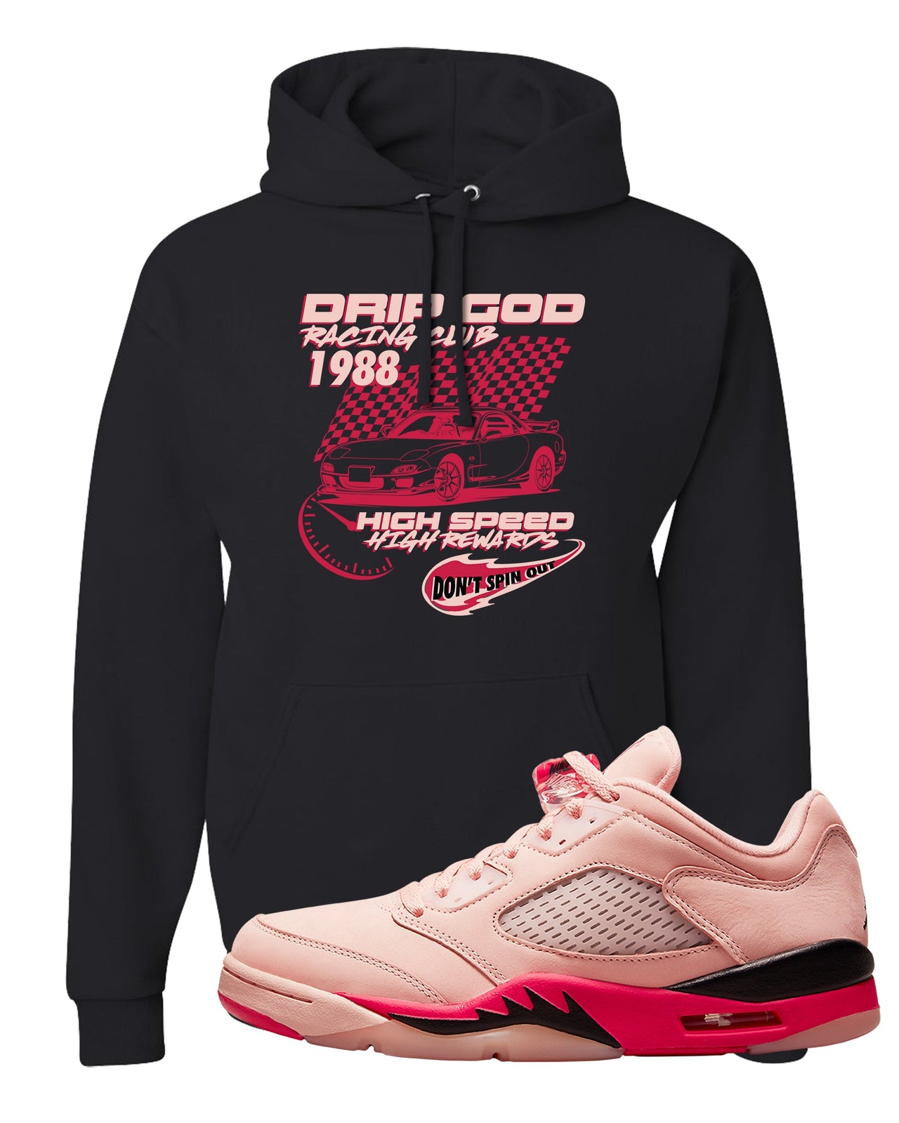 Arctic Pink Low 5s Hoodie | Drip God Racing Club, Black