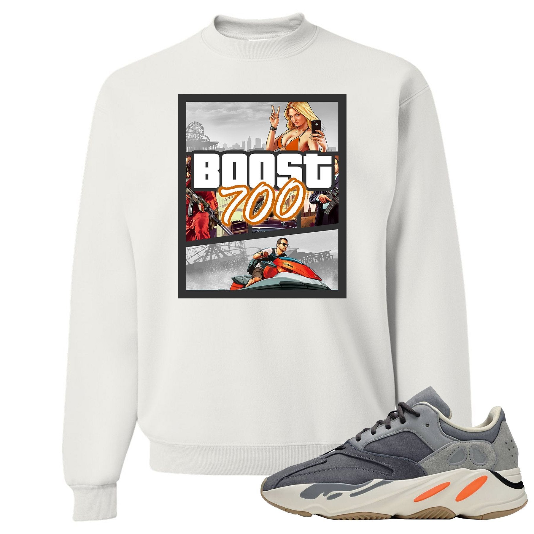 Yeezy Boost 700 Magnet GTA Cover White Sneaker Matching Crewneck Sweatshirt
