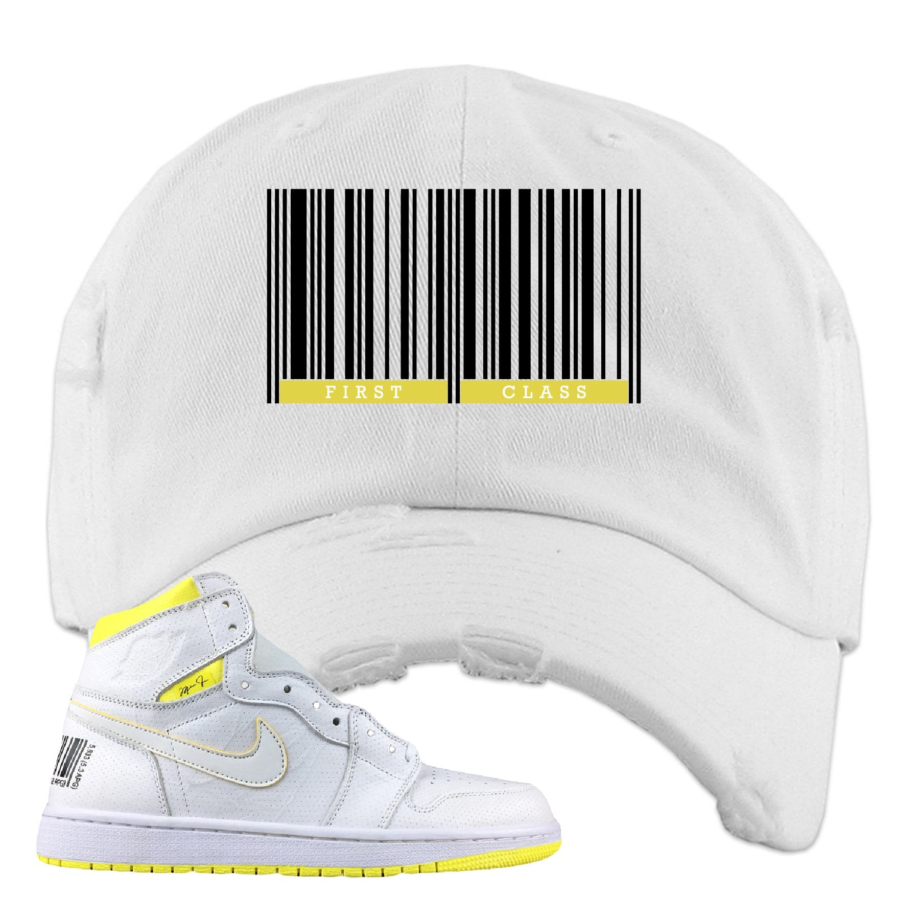Air Jordan 1 First Class Flight First Class Barcode White Sneaker Matching Distressed Dad Hat
