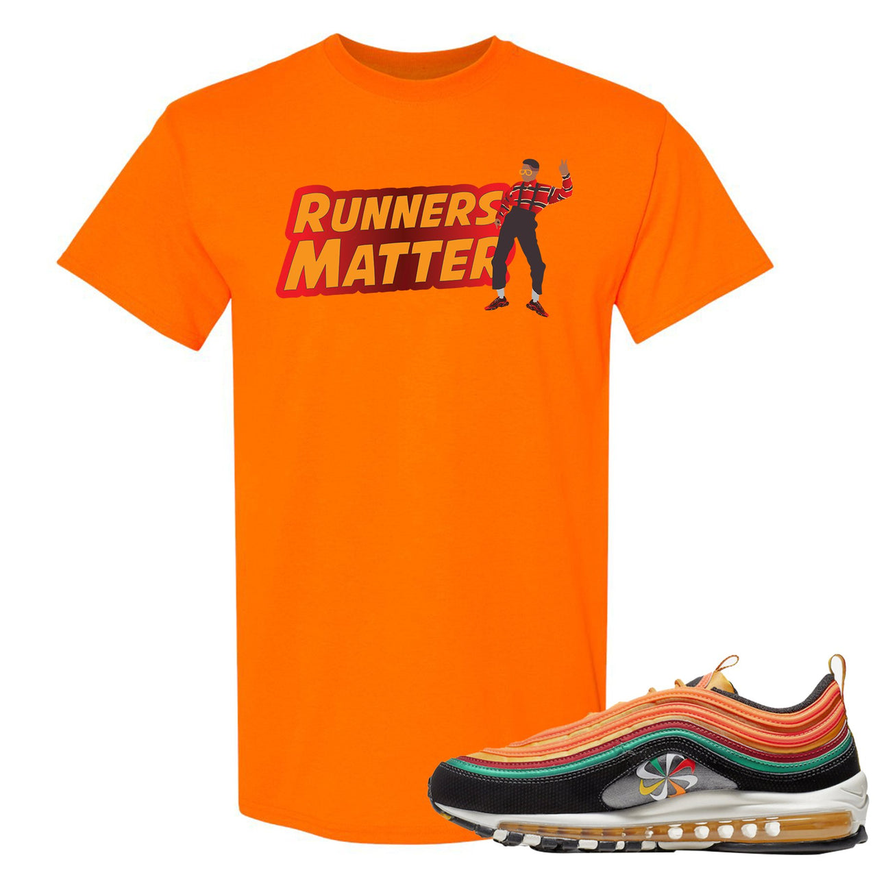 Printed on the front of the Air Max 97 Sunburst safety orange sneaker matching t-shirt is the Runners matter logo