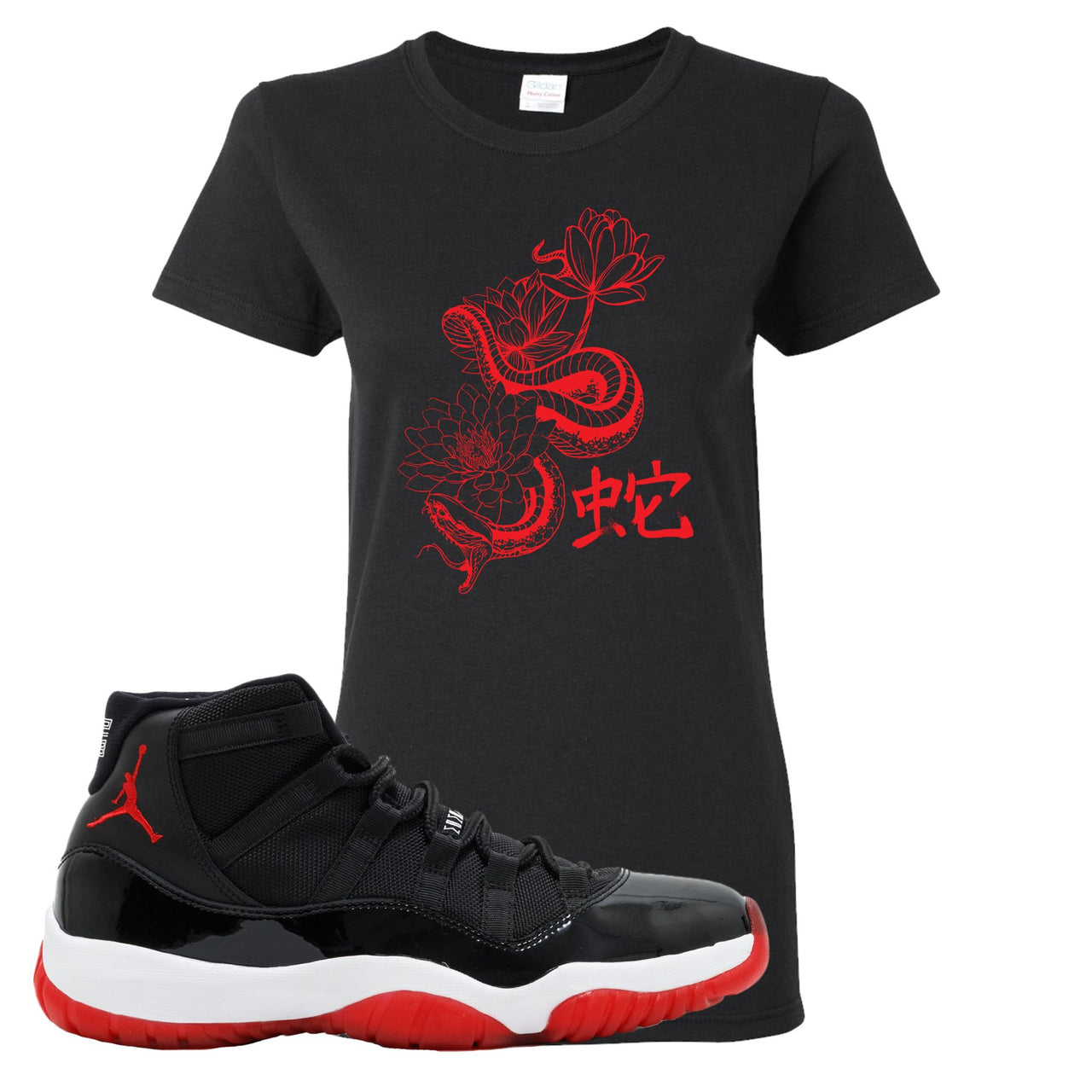 Jordan 11 Bred Snake Lotus Black Sneaker Hook Up Women's T-Shirt