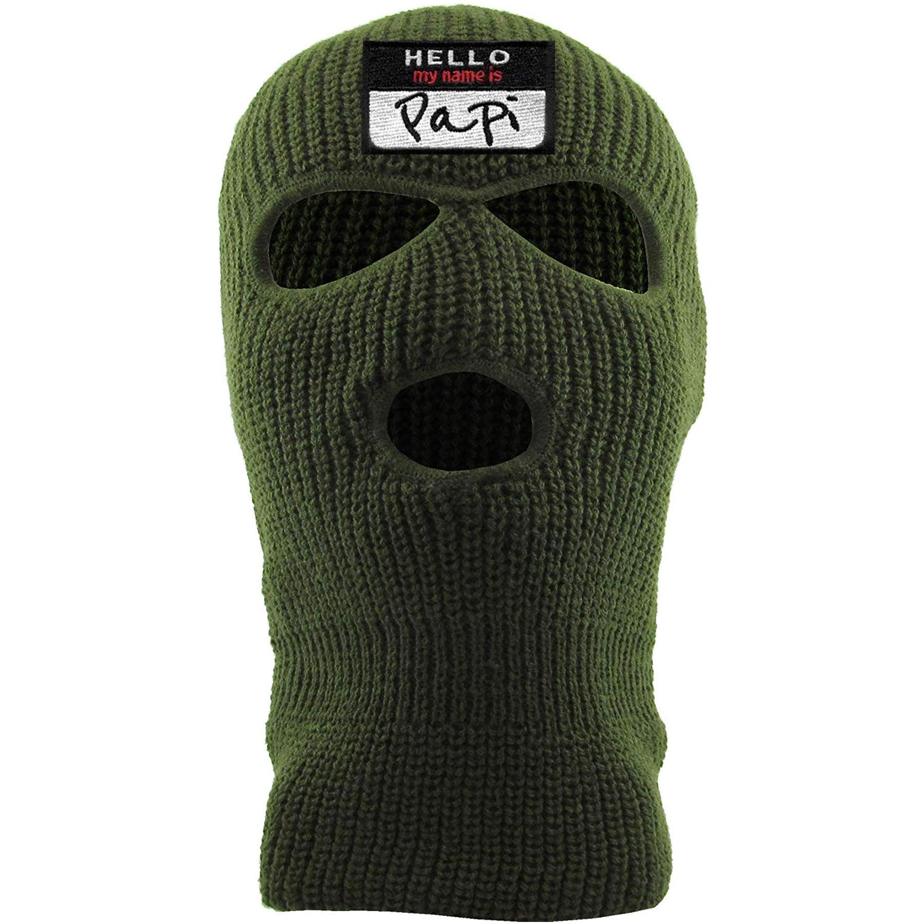 Embroidered on the front of the hello my name is papi ski mask is the olive green 3 hole ski mask