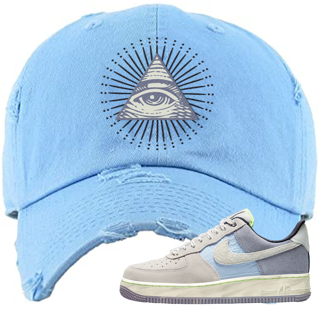 Womens Mountain White Blue AF 1s Distressed Dad Hat | All Seeing Eye, Light Blue