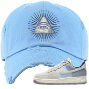 Womens Mountain White Blue AF 1s Distressed Dad Hat | All Seeing Eye, Light Blue