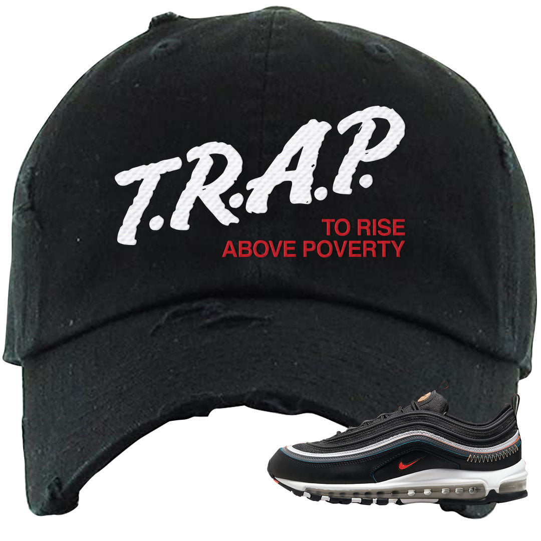 Alter and Reveal 97s Distressed Dad Hat | Trap To Rise Above Poverty, Black