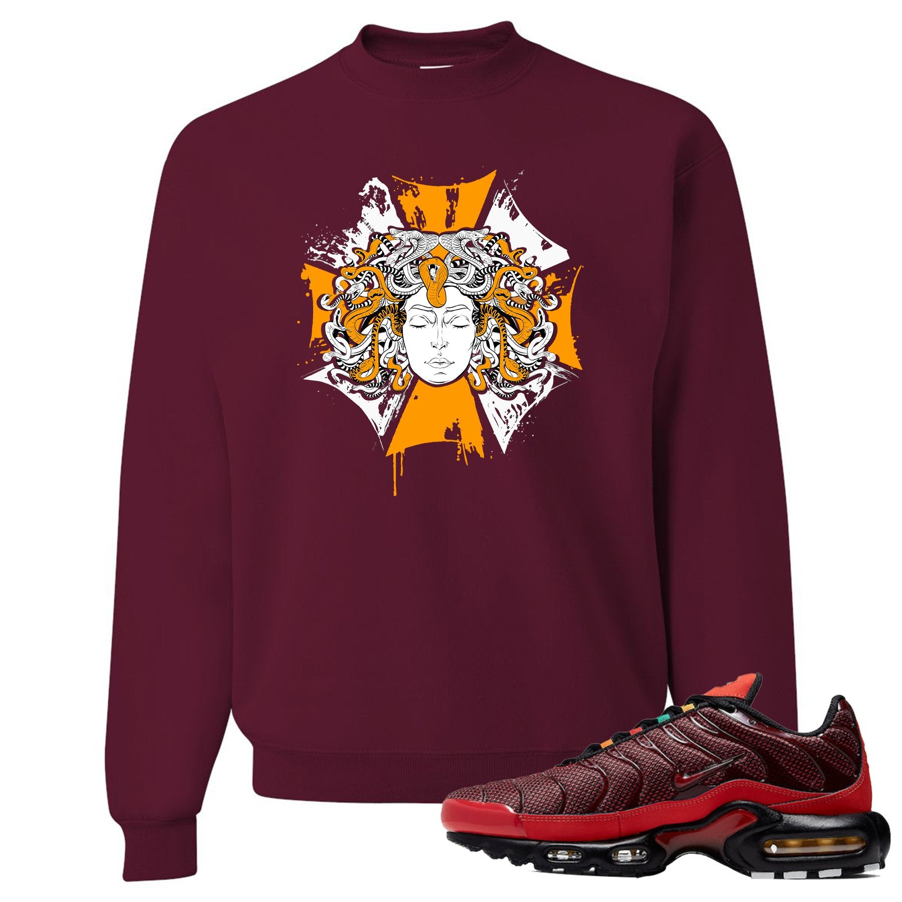 printed on the front of the air max plus sunburst sneaker matching maroon crewneck sweatshirt is the medusa sunburst logo