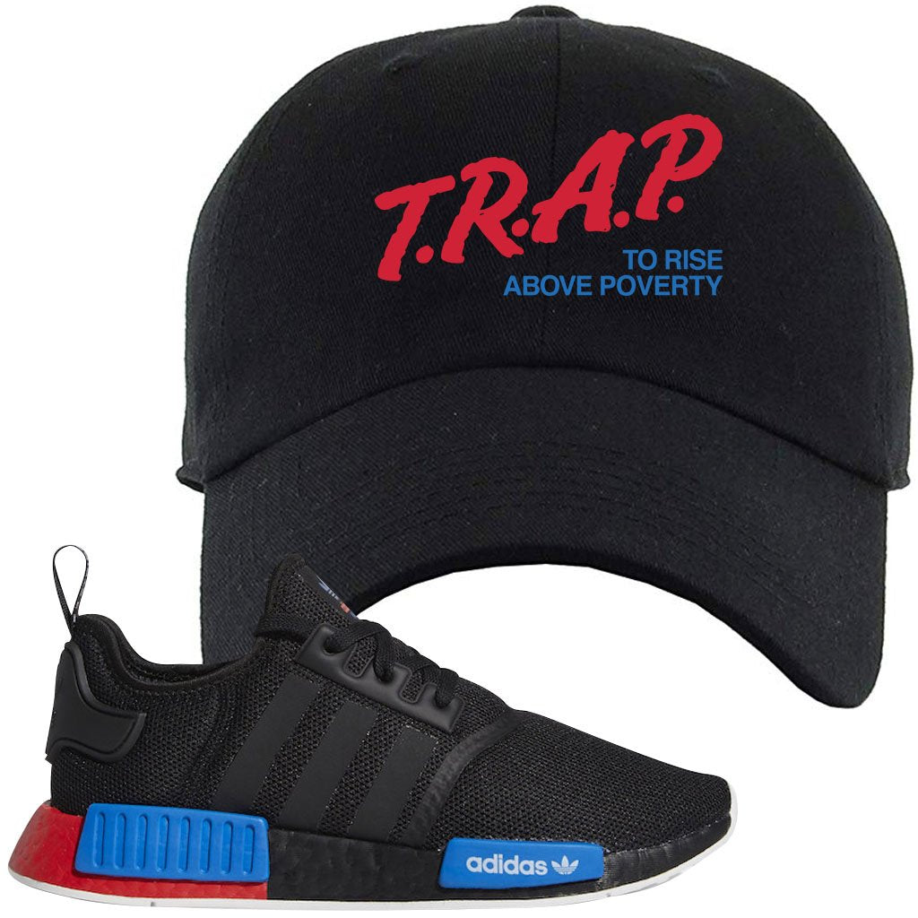 NMD R1 Black Red Boost Matching Dad Hat | Sneaker Dad Hat to match NMD R1s | Trap To Rise Above Poverty, Black