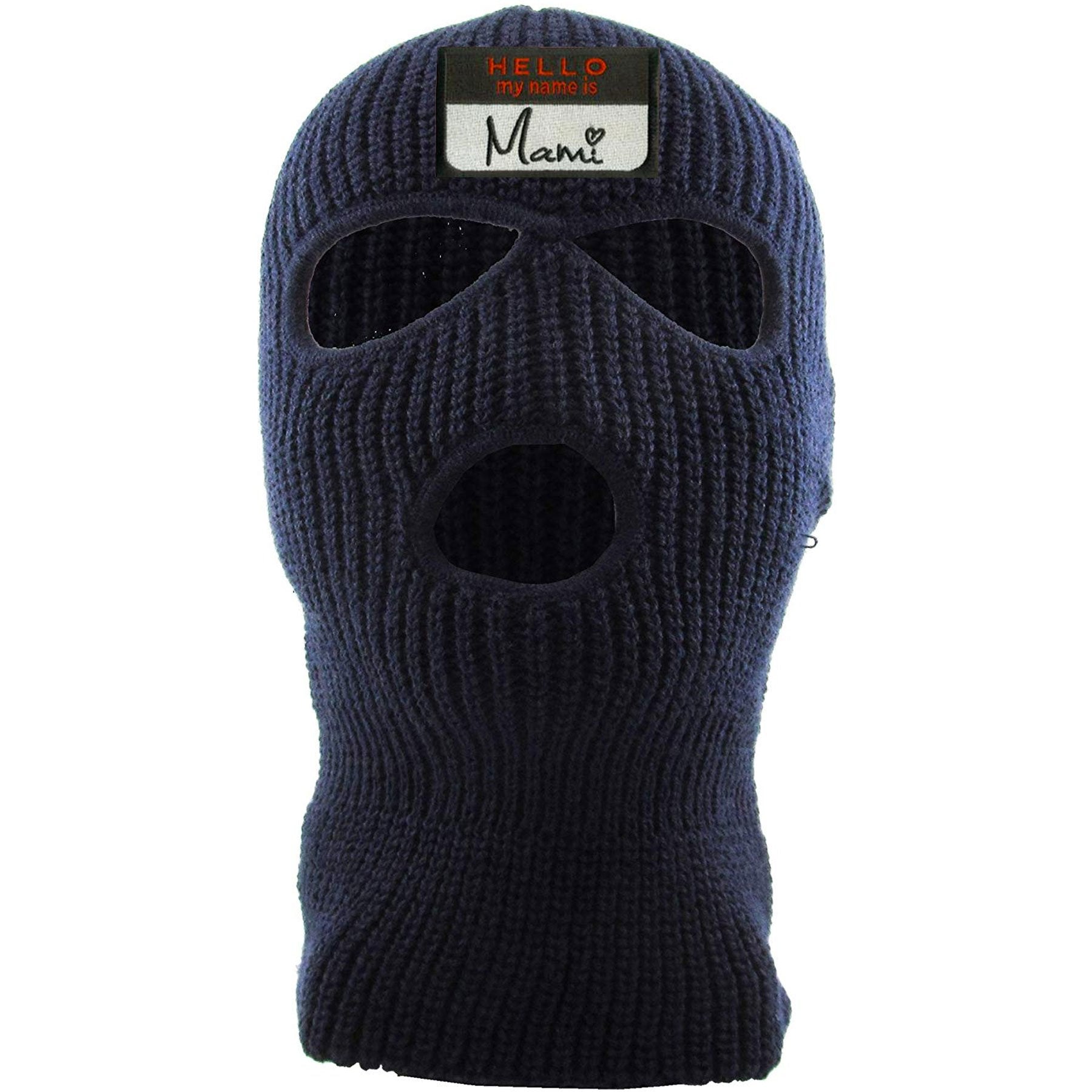 Embroidered on the front of the navy blue hello my name is mami ski mask is the hello my name is mami logo embroidered in black, white, and red