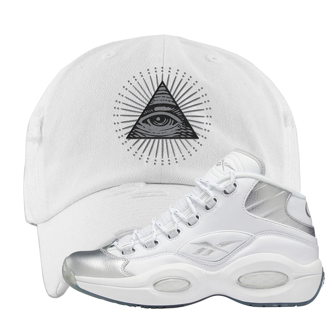 25th Anniversary Mid Questions Distressed Dad Hat | All Seeing Eye, White