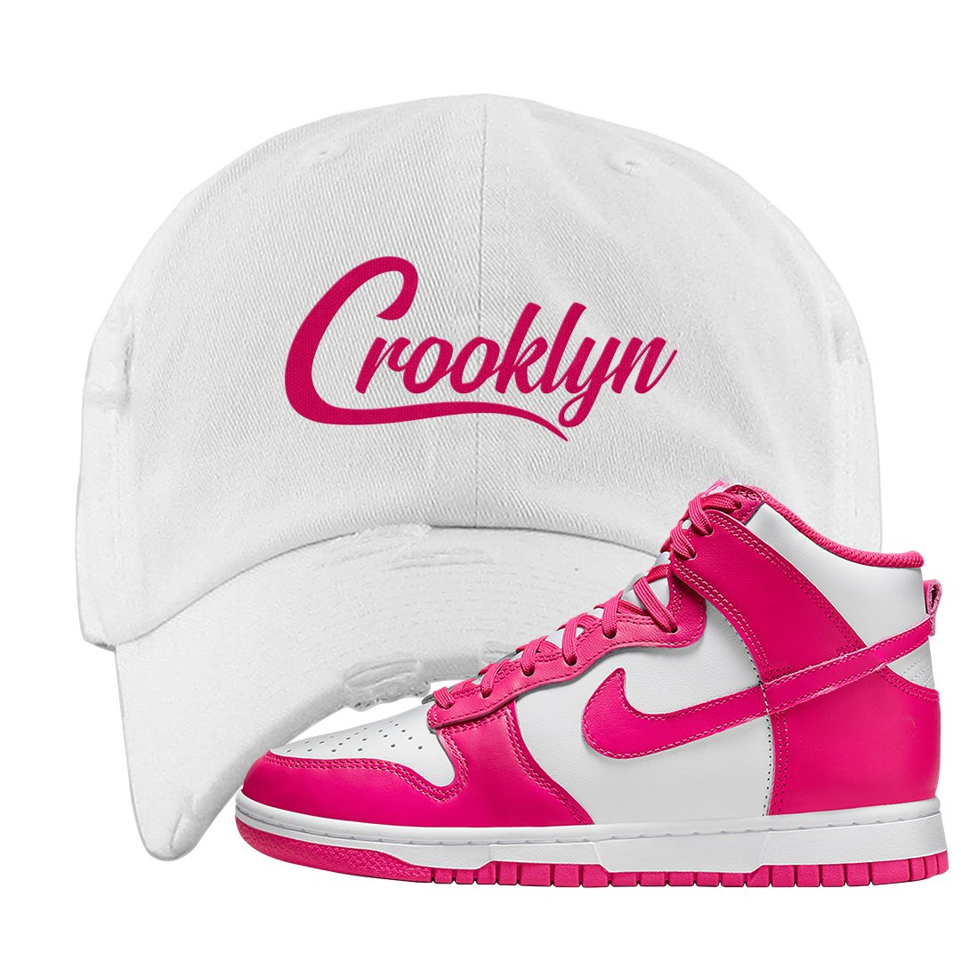 Pink Prime High Dunks Distressed Dad Hat | Crooklyn, White