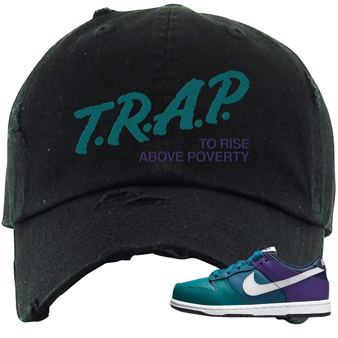 Teal Purple Low Dunks Distressed Dad Hat | Trap To Rise Above Poverty, Black