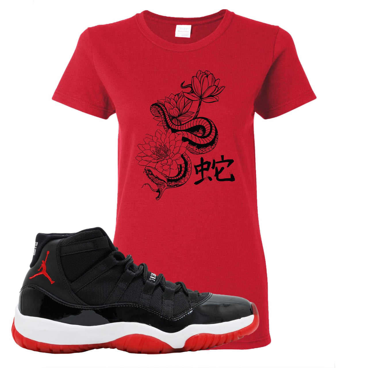 Jordan 11 Bred Snake Lotus Red Sneaker Hook Up Women's T-Shirt