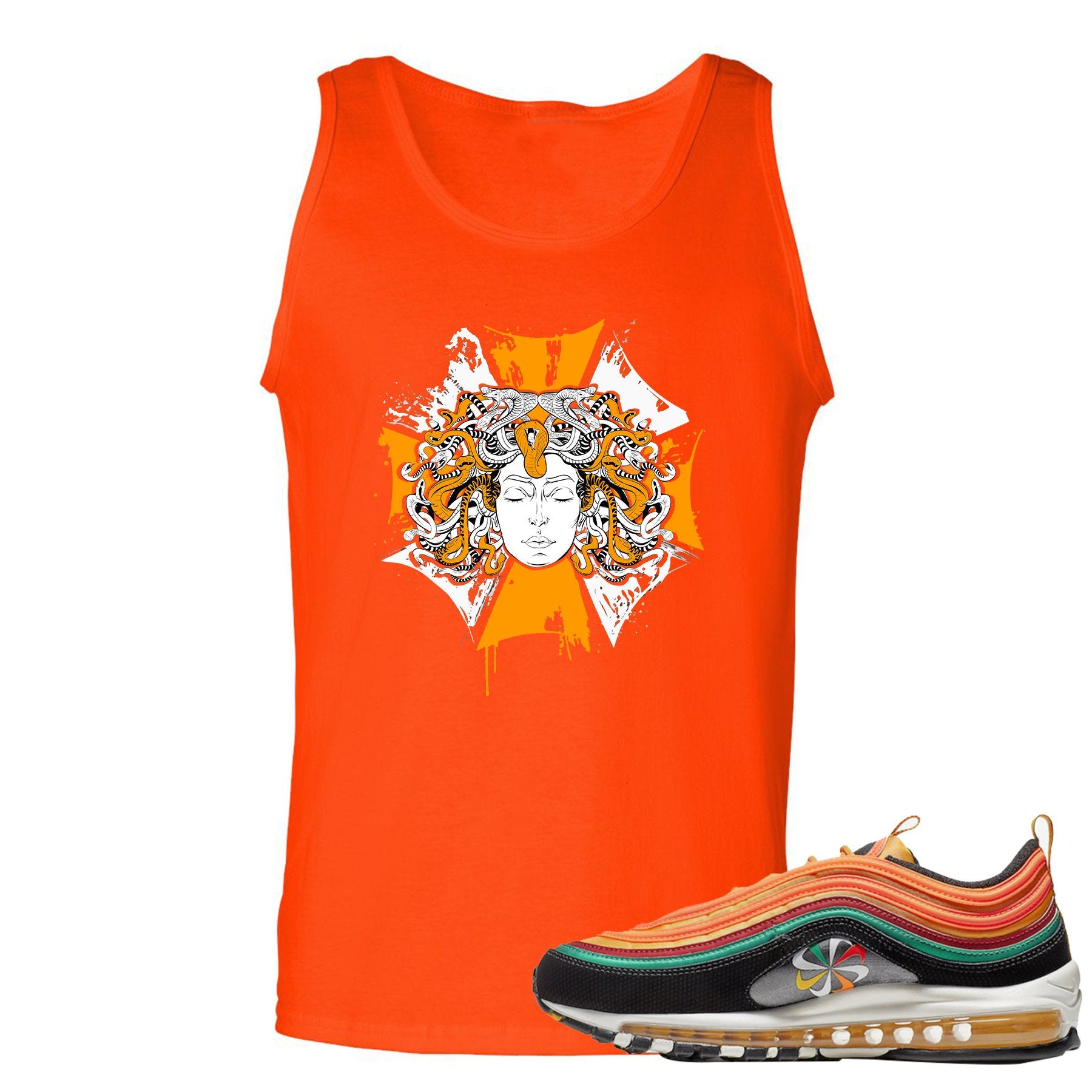 Printed on the front of the Air Max 97 Sunburst orange sneaker matching tank top is the Medusa Sunburst logo