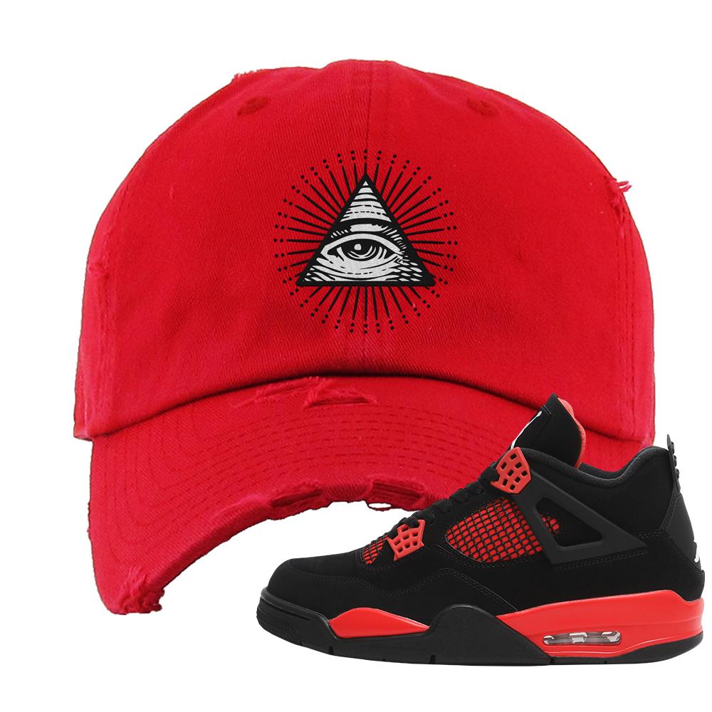 Red Thunder 4s Distressed Dad Hat | All Seeing Eye, Red
