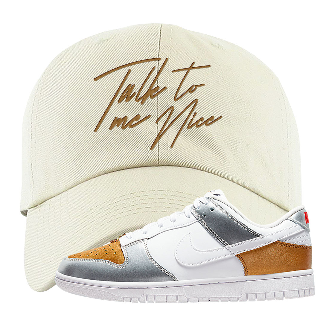 Gold Silver Red Low Dunks Dad Hat | Talk To Me Nice, White