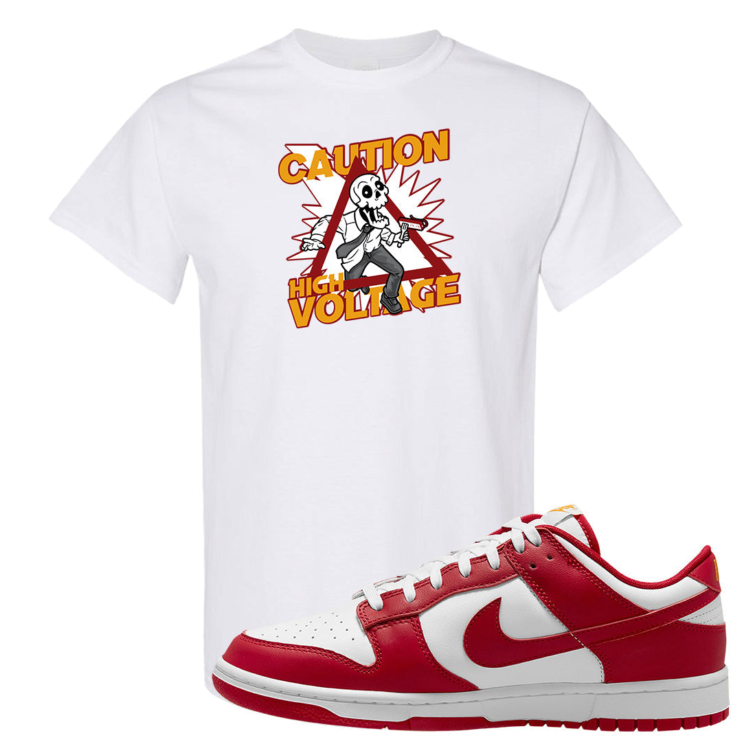Red White Yellow Low Dunks T Shirt | Caution High Voltage, White