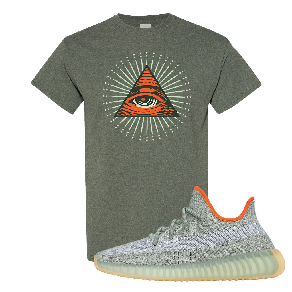 Yeezy 350 V2 Desert Sage Sneaker T Shirt |All Seeing Eye | Heather Military Green