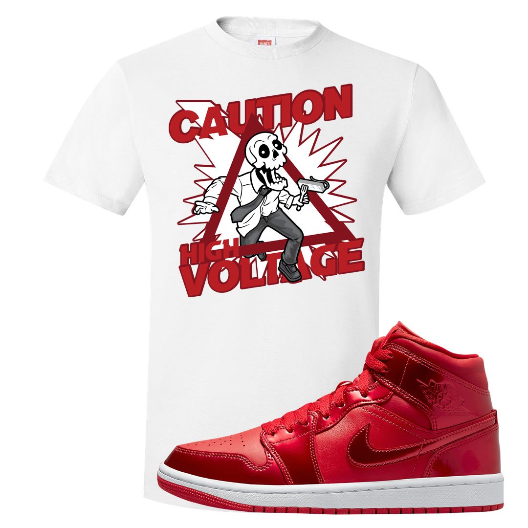 University Red Pomegranate Mid 1s T Shirt | Caution High Voltage, White