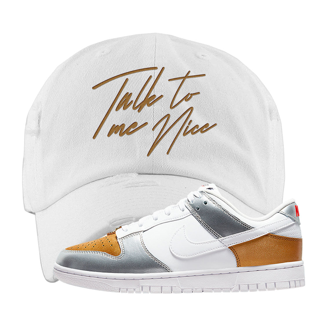 Gold Silver Red Low Dunks Distressed Dad Hat | Talk To Me Nice, White