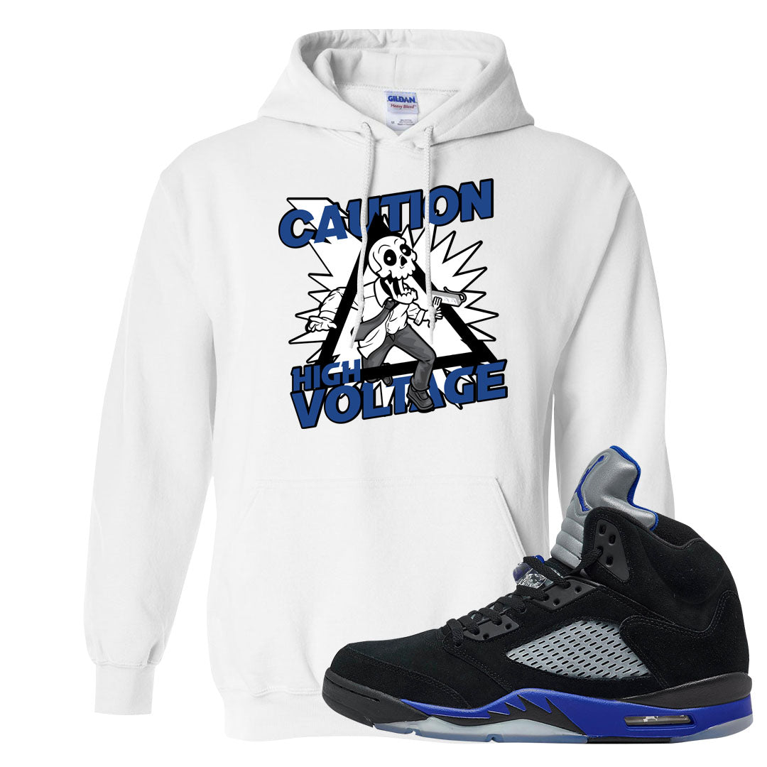 Racer Blue 5s Hoodie | Caution High Voltage, White